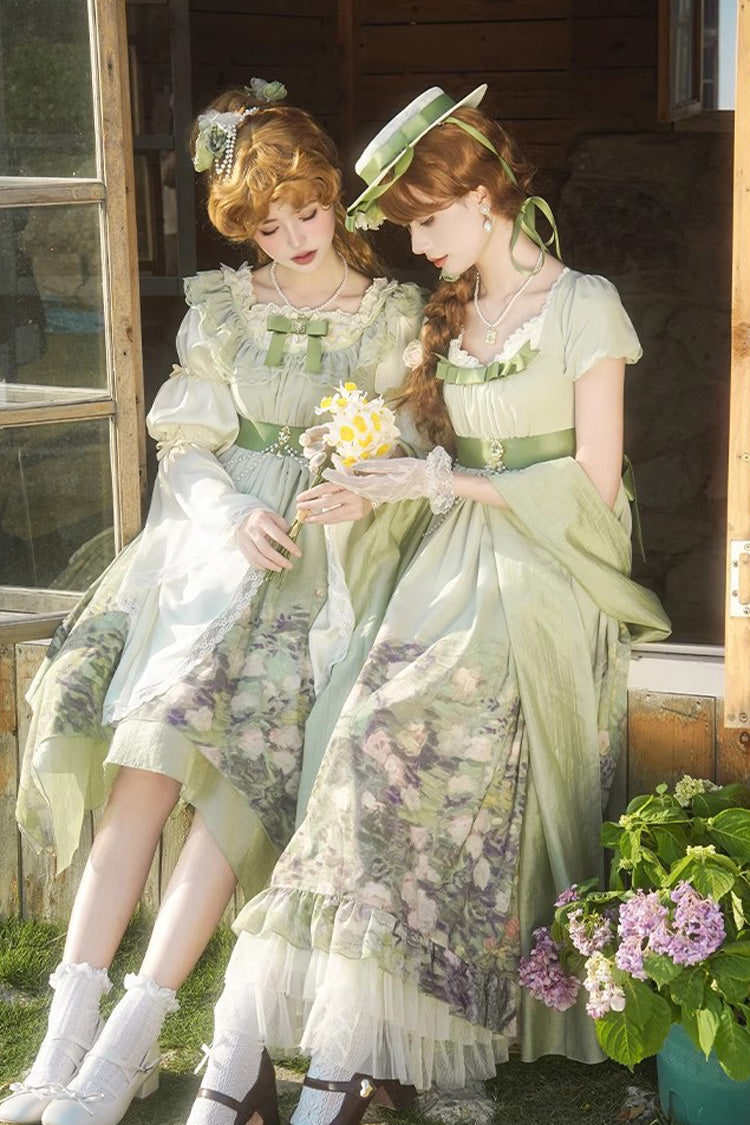 Green [Blooming Roses] Print Oil Painting Chiffon Ruffle Bowknot Irregular Sweet Lolita Jsk Dress - Product - 6
