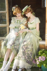 Green [Blooming Roses] Print Oil Painting Chiffon Short Sleeves Ruffle Bowknot Sweet Lolita Dress - Product - 6