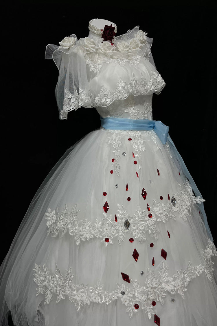 White [Illusory Mirror Image] Off Shoulder Sleeveless Jacquard Lace Gothic Lolita Jsk Dress - Product - 3