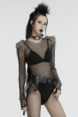 Black Long Sleeves Mesh Studded Tassel Women's Punk Bodysuit - Product - 2