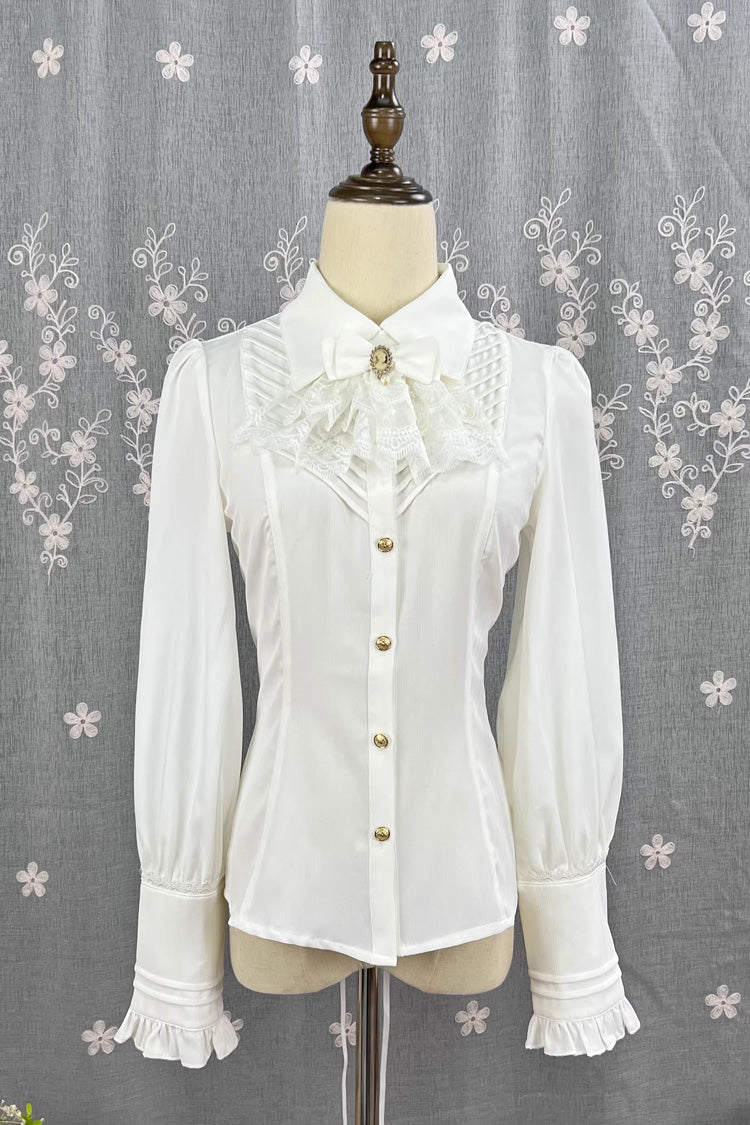 [Enchanted Dreamland] Lapel Collar Long Sleeves Ruffled Lace Slim Classic Elegant Lolita Blouse 6 Colors - White - 1