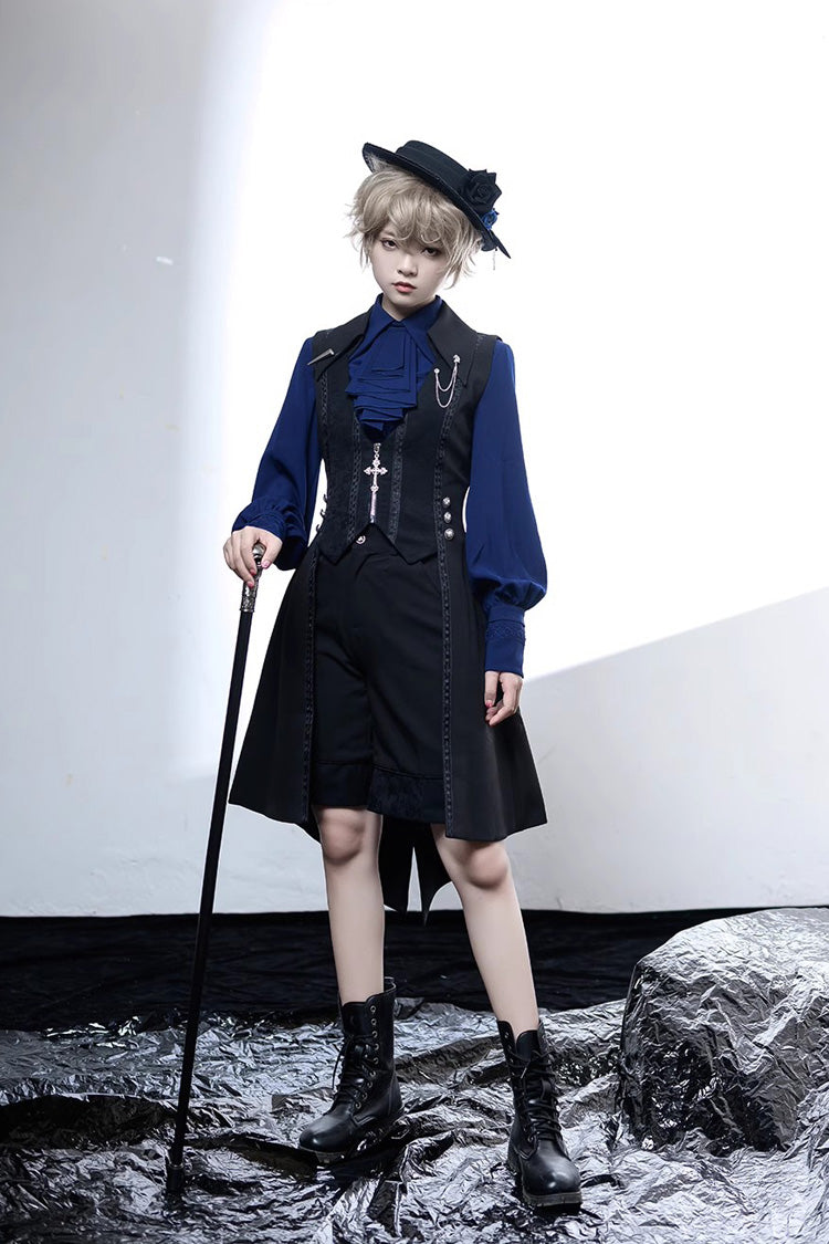 Black/Blue Vintage Medieval Little Prince Ouji Lolita Swallowtail Long Vest - Product - 4