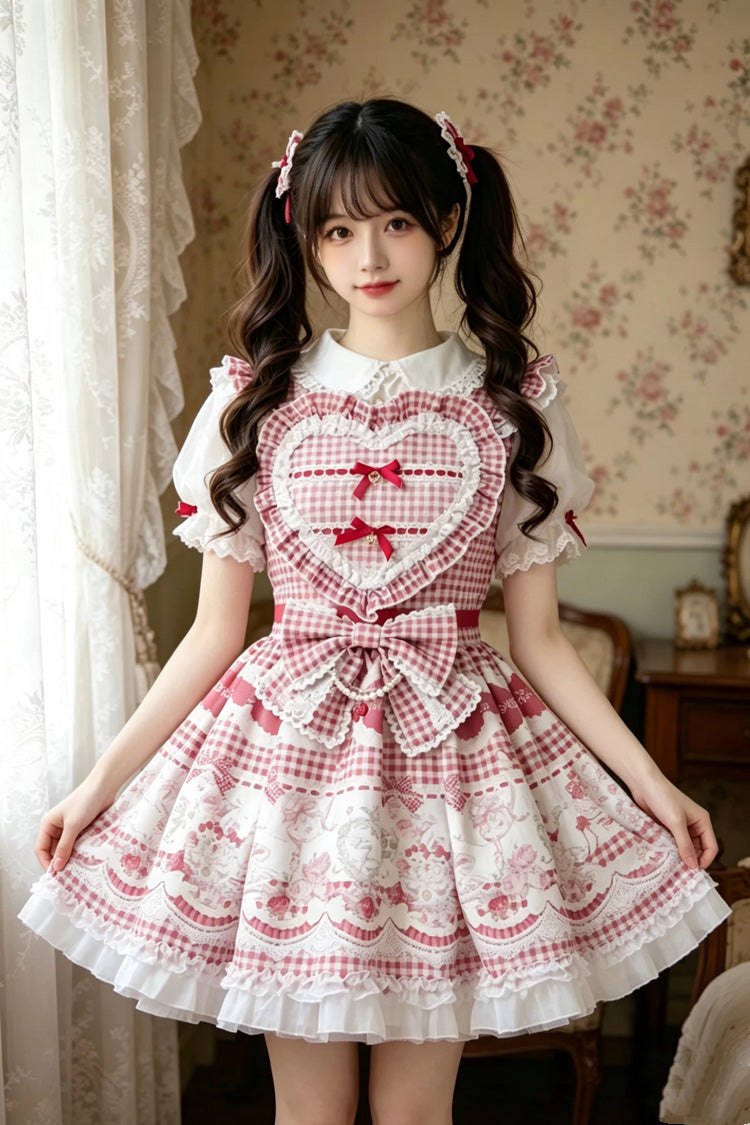 Jirai Kei Lapel Collar Short Sleeves Printed Bow Sweet Plus Size Dress 3 Colors - Product - 5
