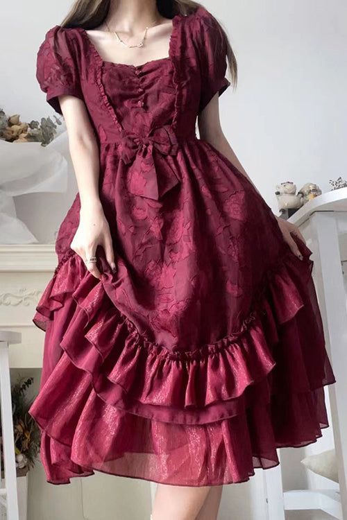 French Elegant Print Multi-Layer Ruffled Short Sleeve Classic Lolita Dress - Product - 3