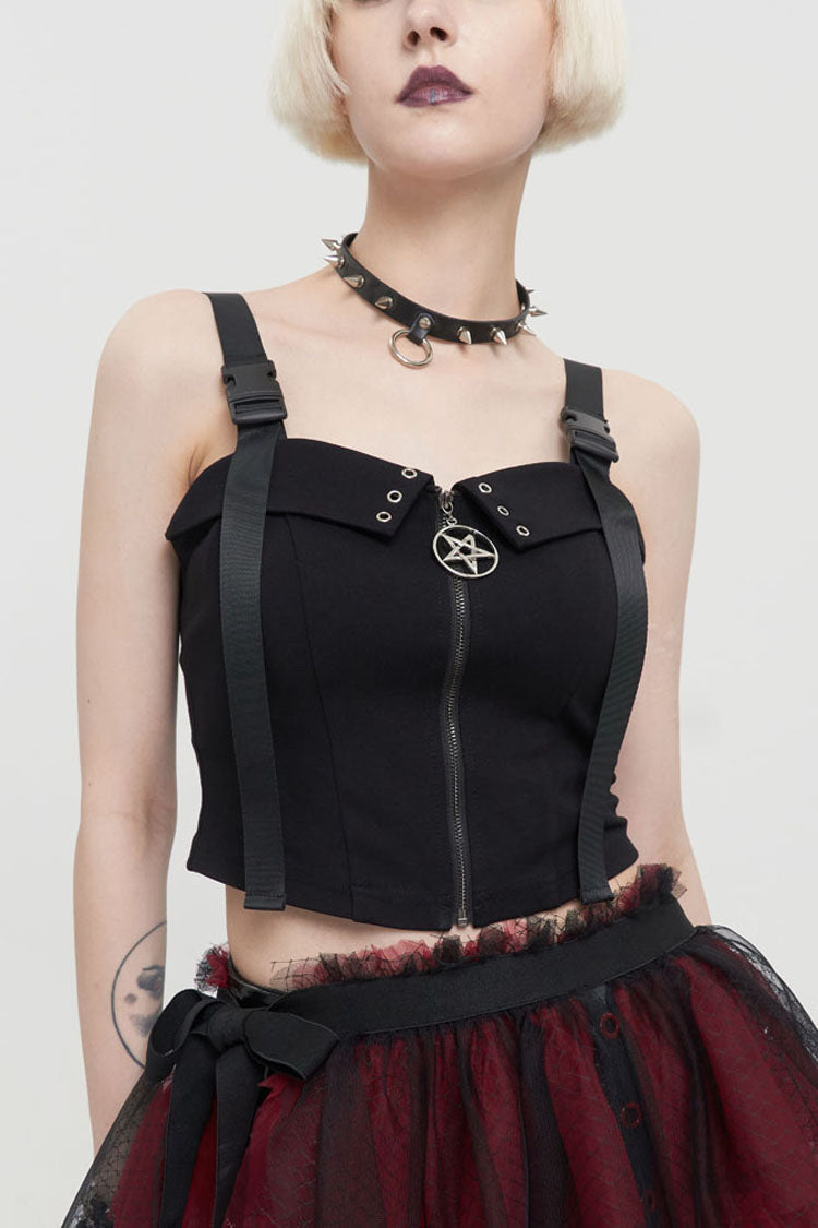 Black Punk Knitted Fabric Adjustable Suspenders Snaps Front Metal Zipper Women's Vest - Black - 1