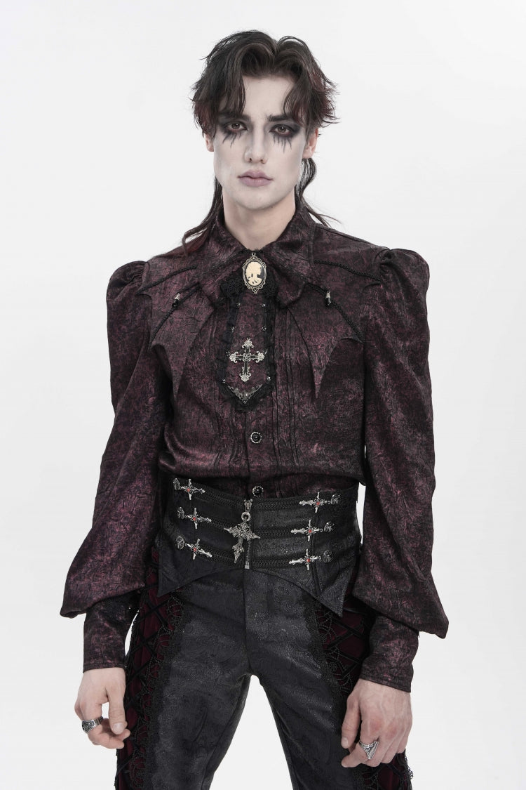 Red Lapel Collar Long Lantern Sleeves Jacquard Bow Men's Gothic Shirt - Product - 12
