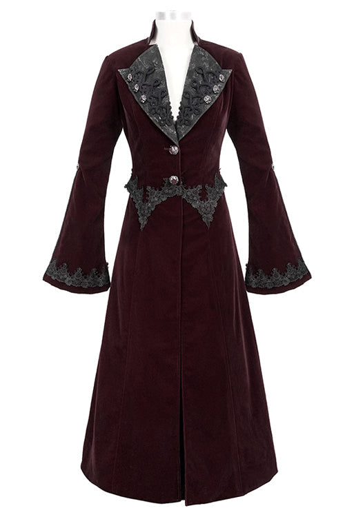 Red Lace Flared Sleeves Velvet Long Womens Gothic Coat - Product - 4