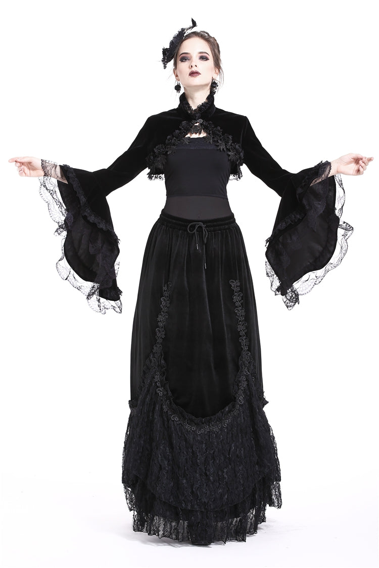 Black Lace Stand Collar Multi-Layered Long Trumpet Sleeves Rosette Velour Women's Gothic Bolero - Black - 1