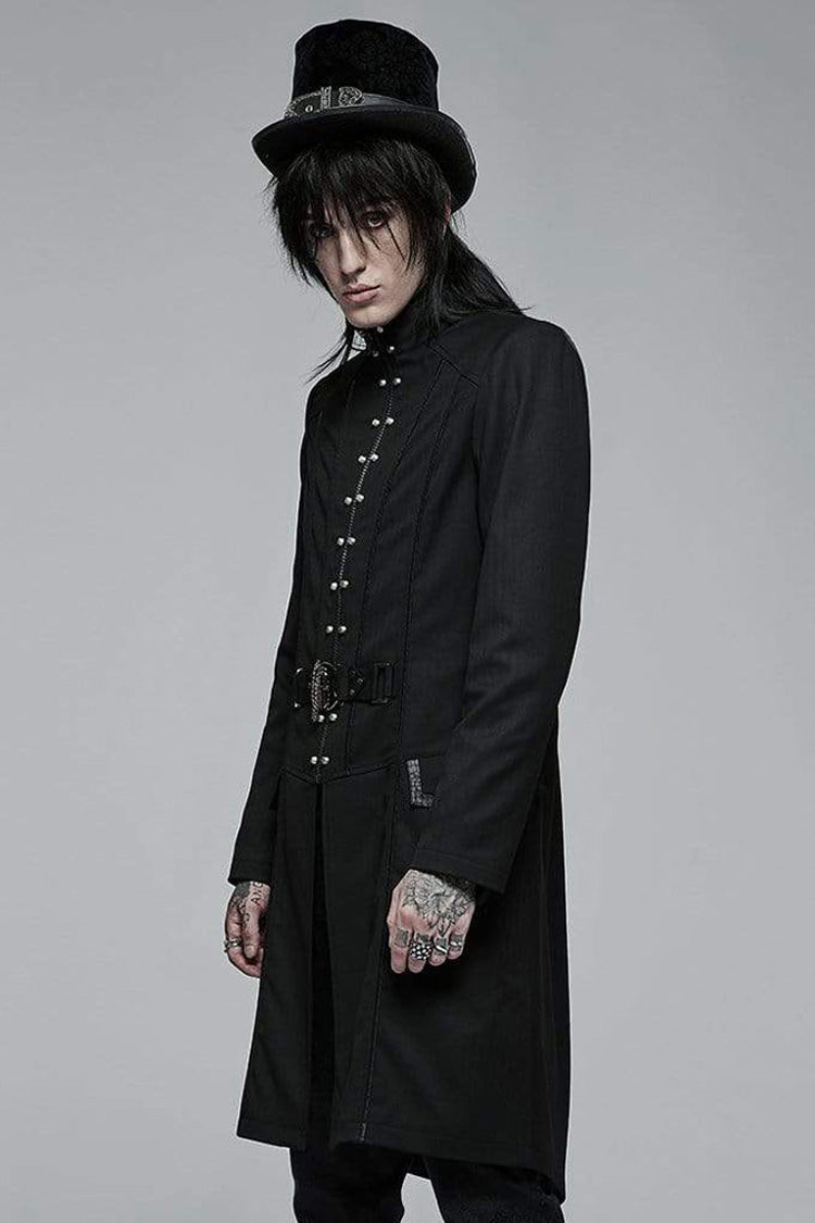 Black Punk Stand Collar Skeleton Embroidery Frenulum Metal Rivet Zippe Slim Fit Mid Length Men's Coat - Product - 2