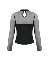 Black Women's Punk Long Sleeves Cut-Out Buckled Strap Mesh Splice Top - Product - 14