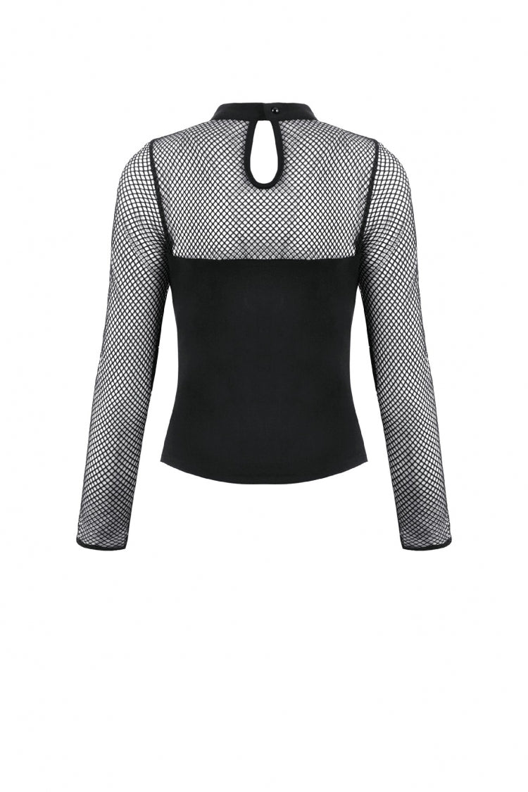 Black Women's Punk Long Sleeves Cut-Out Buckled Strap Mesh Splice Top - Product - 14