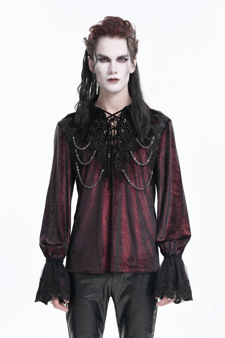 Wine Red V Collar Long Sleeves Lace-Up Chain Men's Gothic Blouse - Red - 1