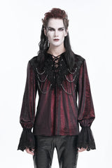 Wine Red V Collar Long Sleeves Lace-Up Chain Men's Gothic Blouse - Red - 1