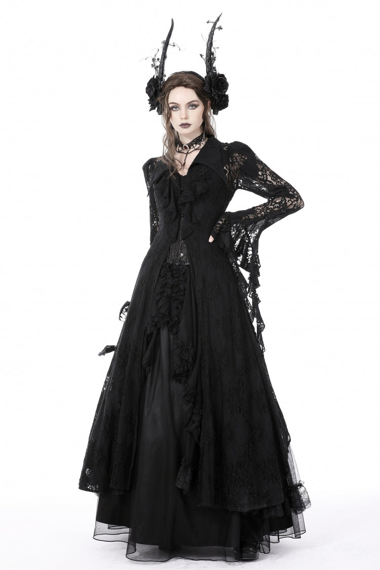 Black Lapel Collar Long Sleeves Ruffled Irregular Lace Lace-Up Women's Gothic Jacket Dress - Product - 7