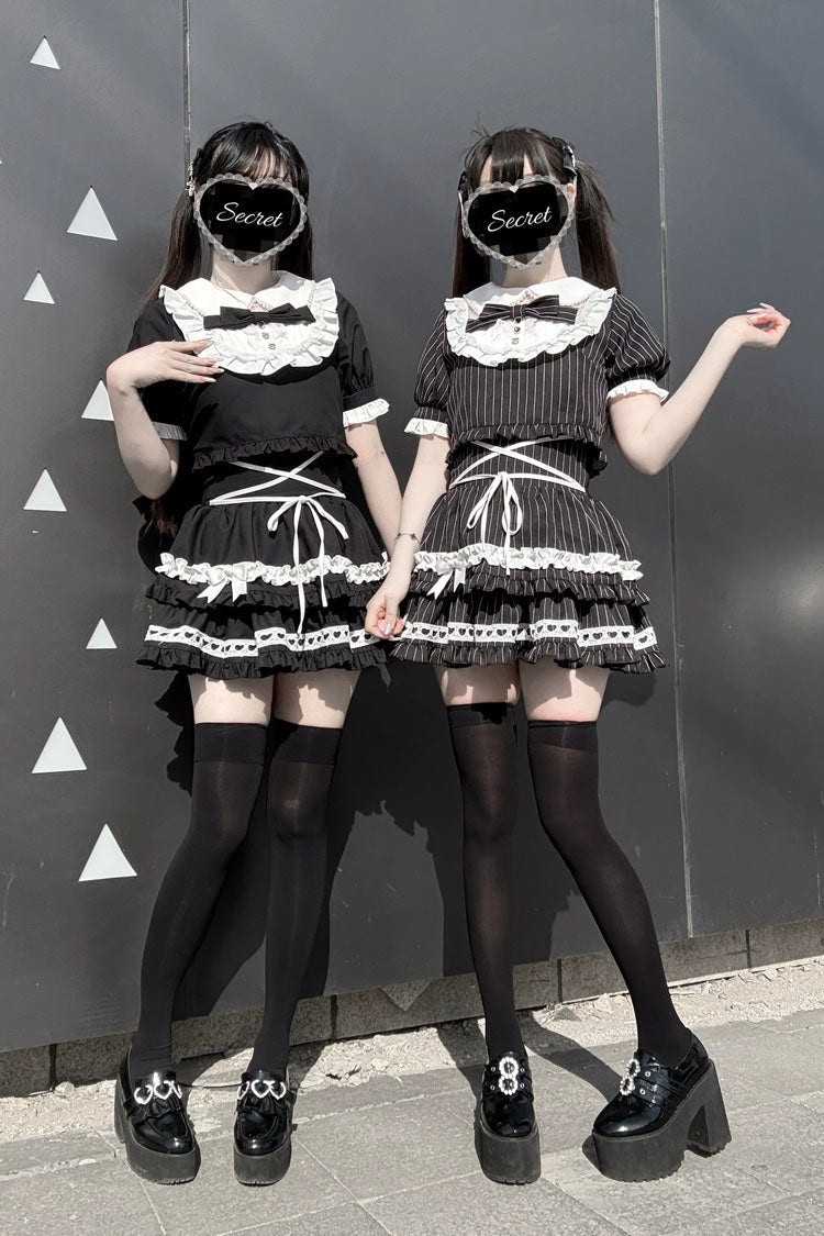 ブラック [Starry Tulle] 丸襟 半袖 二層 フリル リボン ゴシック 地雷系 和風 スカートセット 商品画像