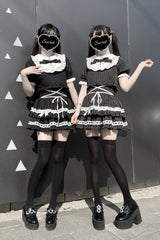 Black [Starry Tulle] Doll Collar Short Sleeves Double-Layered Ruffled Bow Gothic Jirai Kei Japanese Skirt Set - Product - 9