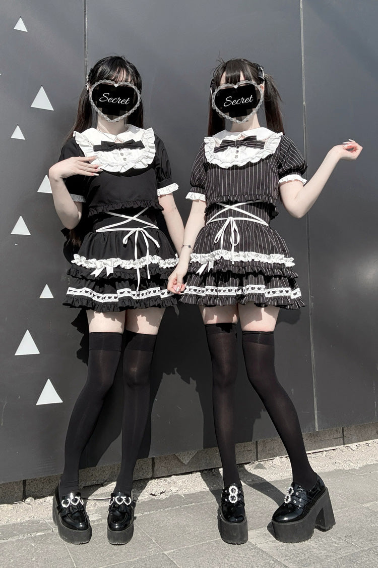 Black [Starry Tulle] Doll Collar Short Sleeves Double-Layered Ruffled Bow Gothic Jirai Kei Japanese Skirt Set - Product - 9