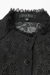 Black Stand Collar Long Puff Sleeves Floral Embroidered Women's Gothic Blouse - Product - 5