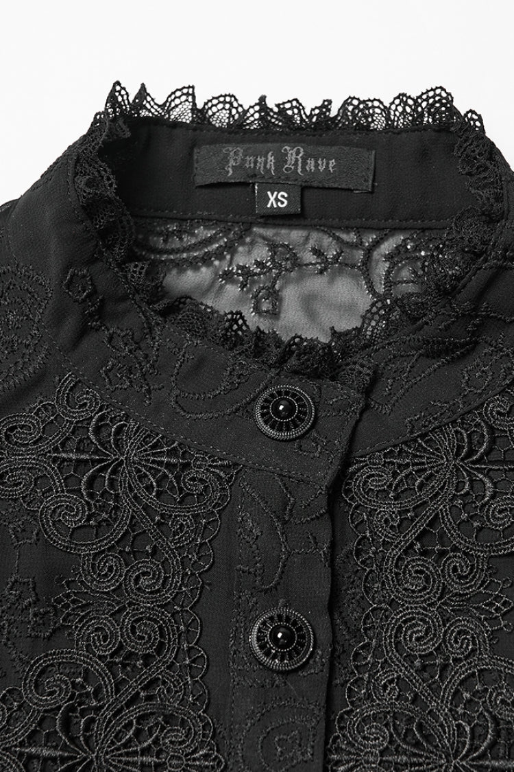 Black Stand Collar Long Puff Sleeves Floral Embroidered Women's Gothic Blouse - Product - 5