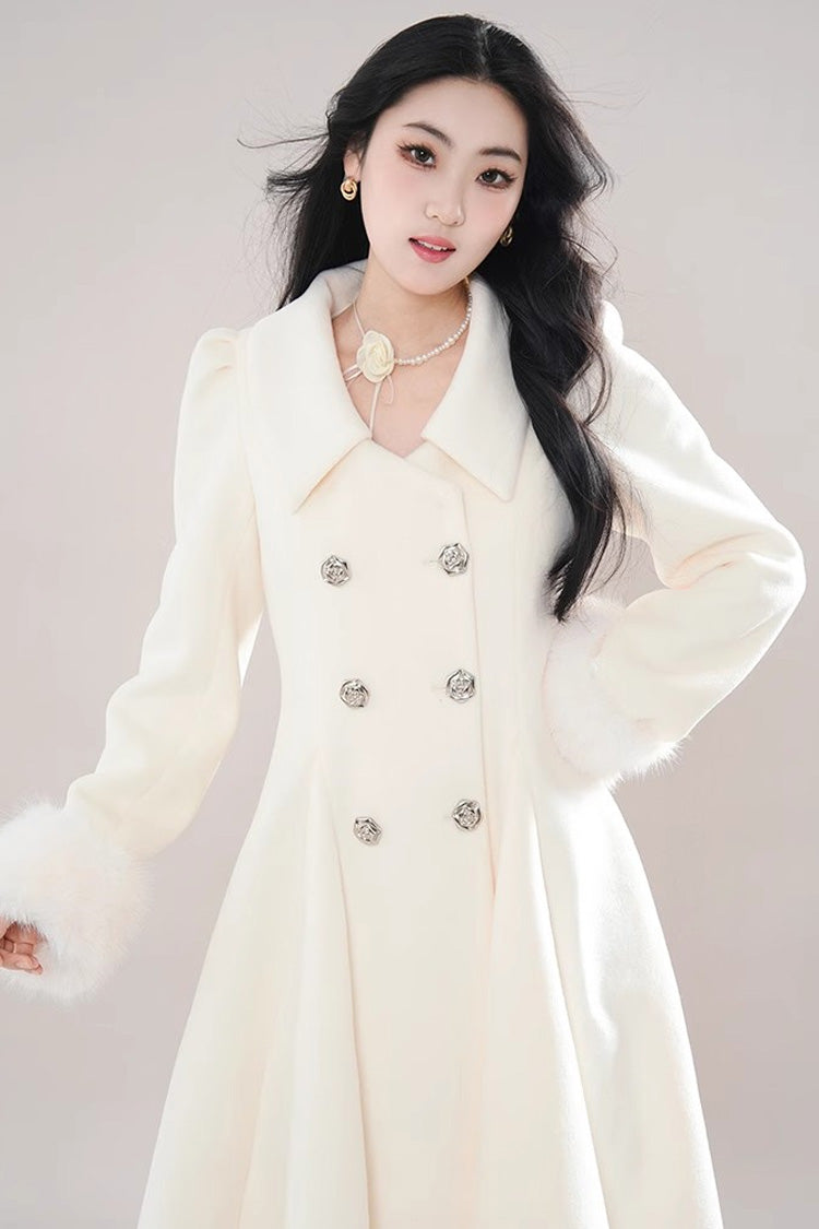 Beige Double-breasted Long Sleeves Removable Fur Collar Sweet Elegant Princess Lolita Coat - Product - 2