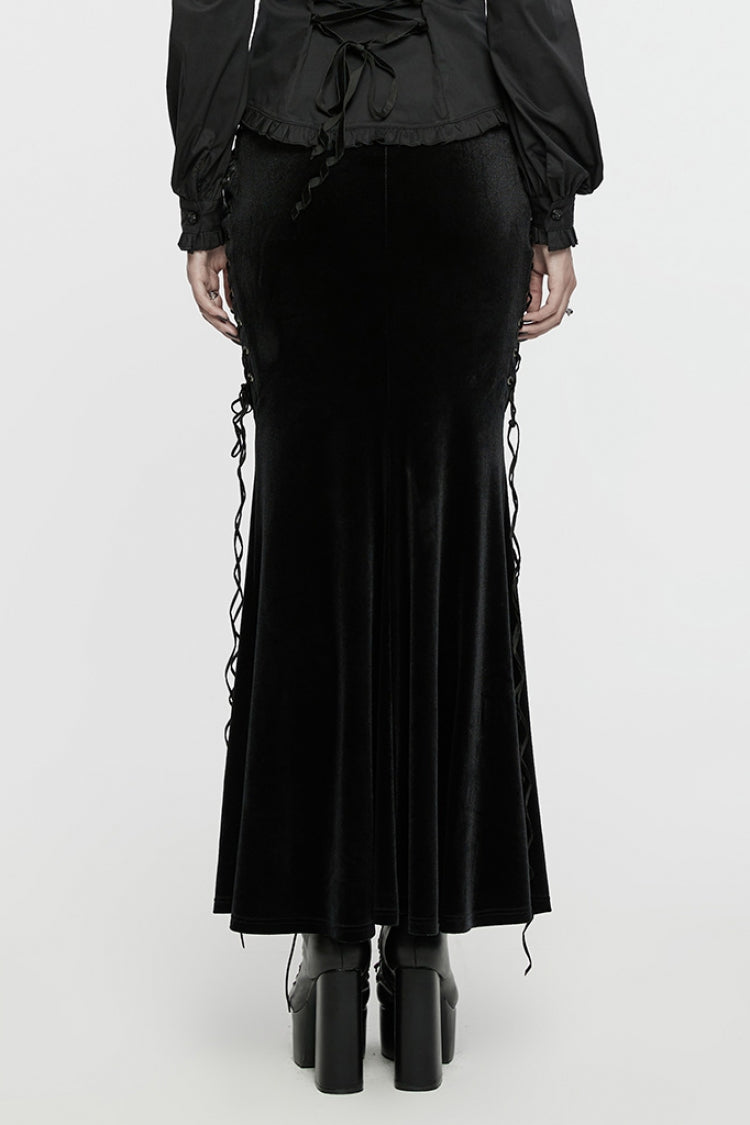 Black Ruffle Rose Embroidery Lace-Up Women's Gothic Fishtailed Skirt - Product - 3