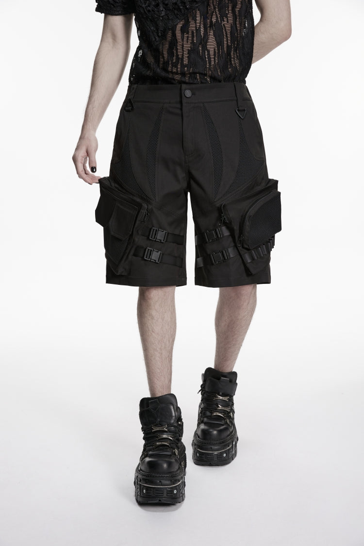 Black Buckled Men's Punk Cool Shorts with Big Pockets - Product - 4