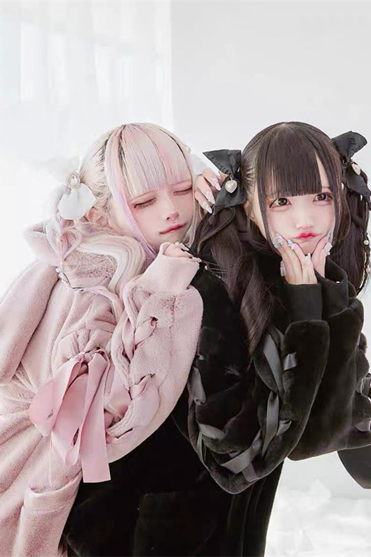 Pink Rabbit Ears Long Sleeves Bowknot Lace-Up Hooded Jirai Kei Coat - Product - 8