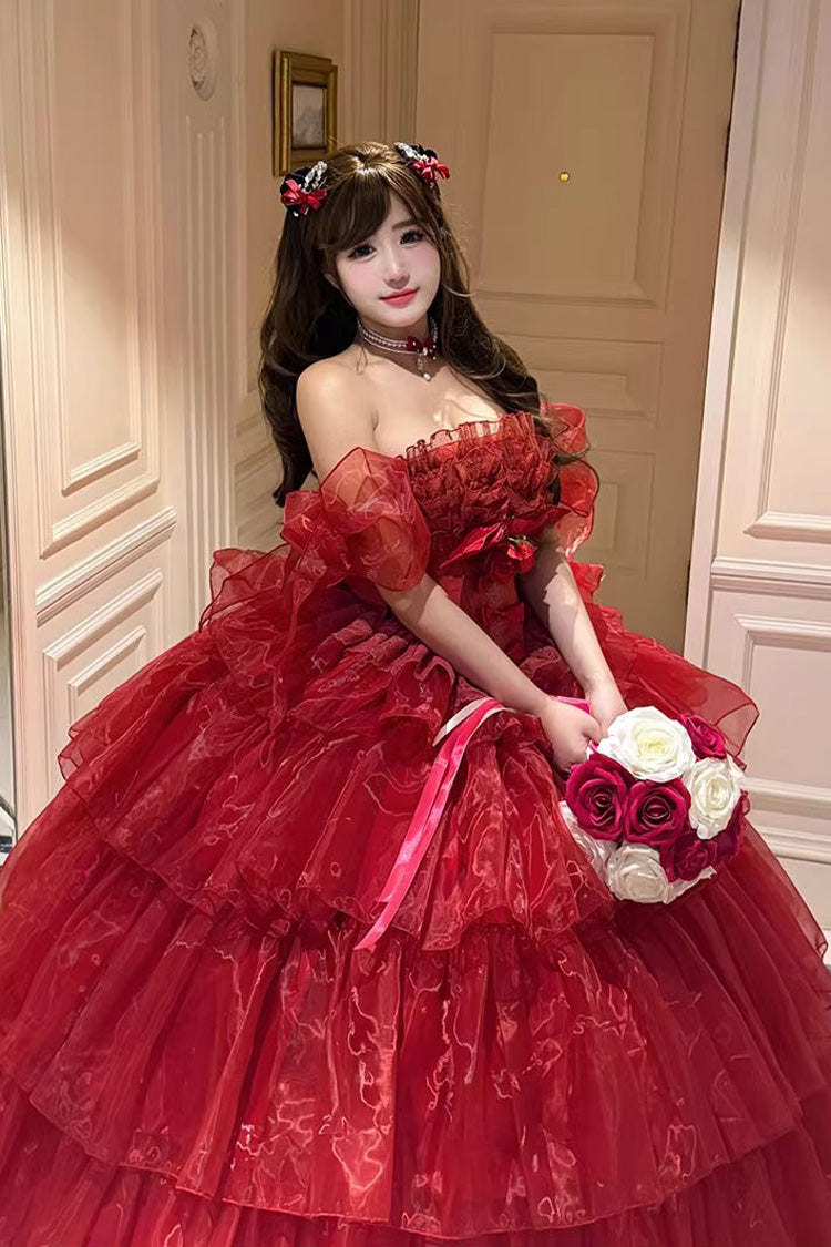 Red [Mousse Love Song] Sleeveless Multi-Layered Ruffled Hanayome Bow Sweet Lolita Dress - Product - 10