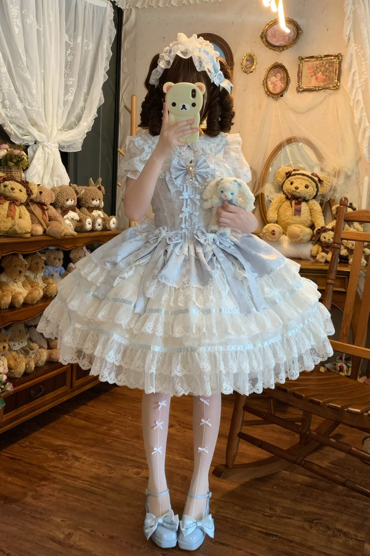 Blue [Snow Kissed Romance] Sleeveless High Waisted Multi-Layered Bowknot Lace Pearl Sweet Ballet Lolita Jsk Dress - Product - 7