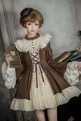Brown/Beige [Nutcracker] Stand Collar Long Trumpet Sleeves Ruffle Cardigan Bowknot Lace-Up Sweet Lolita Dress Set 2 Versions - Product - 22
