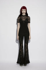 Black Stand Collar Short Sleeves Cut-Out Lace Slim Sheer Faux Two-Piece Women's Gothic Top - Product - 4