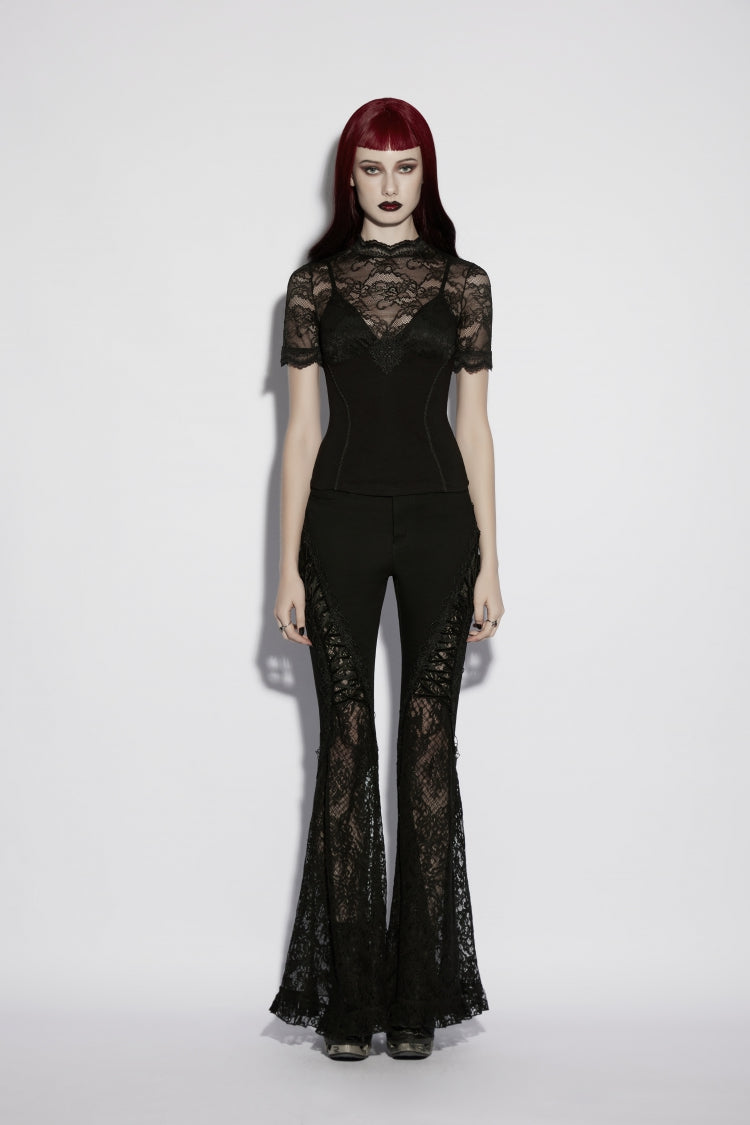 Black Stand Collar Short Sleeves Cut-Out Lace Slim Sheer Faux Two-Piece Women's Gothic Top - Product - 4