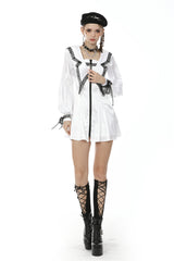 White Lapel Collar Long Sleeves Lace Lace-Up Zippered Women's Asceticism Dark JK Dress - Product - 7