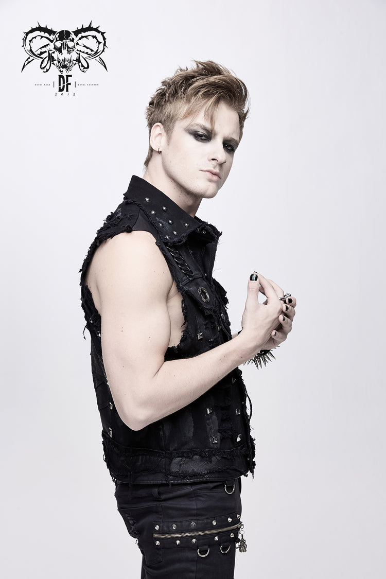 Black Heavy Metal Rivet Back Printed Coarse Twill Worn Out Men's Punk Waistcoat - Product - 3
