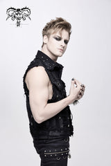 Black Heavy Metal Rivet Back Printed Coarse Twill Worn Out Men's Punk Waistcoat - Product - 3