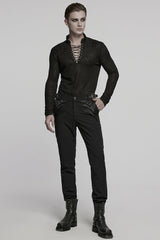 Black V Collar Long Sleeves Jacquard Embroidery Men's Gothic Blouse - Product - 4