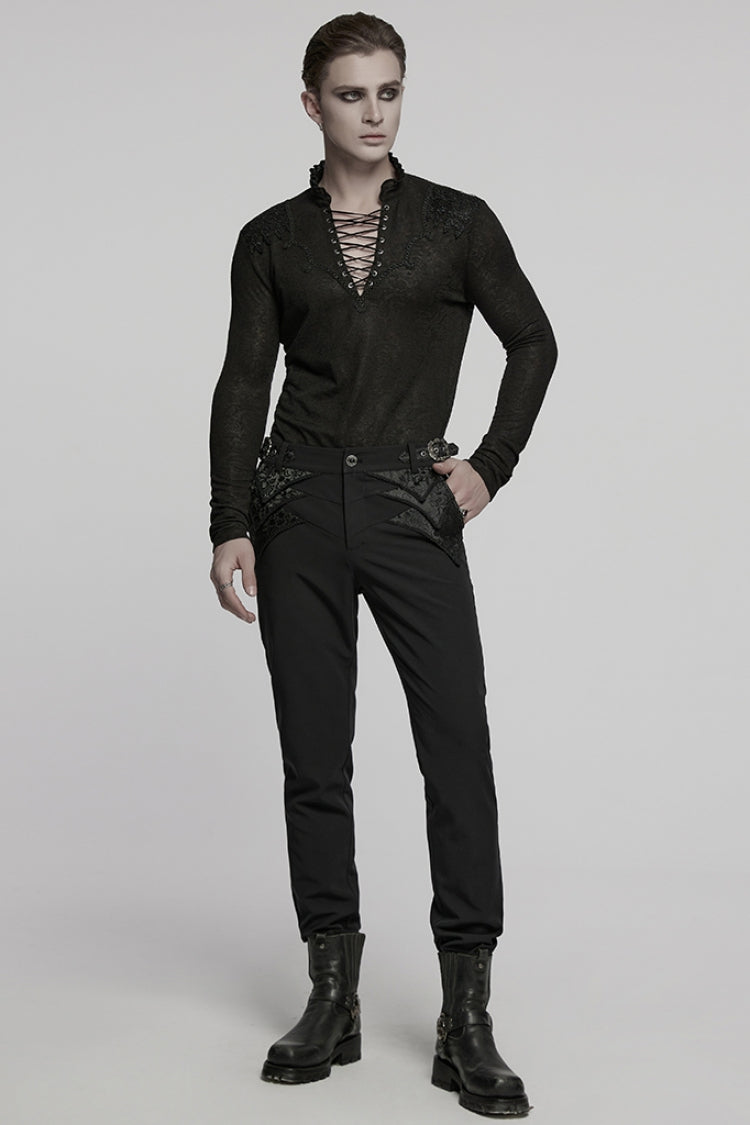 Black V Collar Long Sleeves Jacquard Embroidery Men's Gothic Blouse - Product - 4