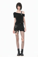 Black Off Shoulder Short Sleeves Studded Cross Straps Asymmetric Women's Punk Top - Product - 10