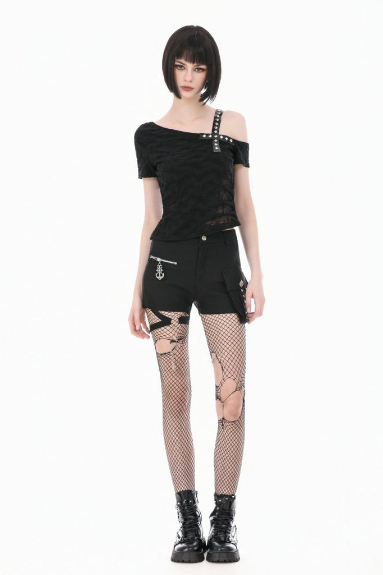 Black Off Shoulder Short Sleeves Studded Cross Straps Asymmetric Women's Punk Top - Product - 10