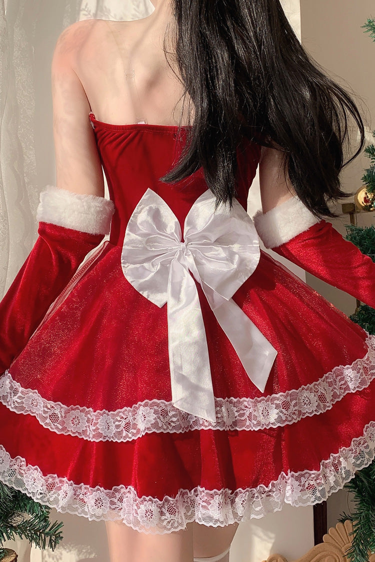 Red [Christmas and New Year] Double-Layered Ruffle Bowknot Lace Sweet Japanese Lolita Strapless Dress - Product - 6