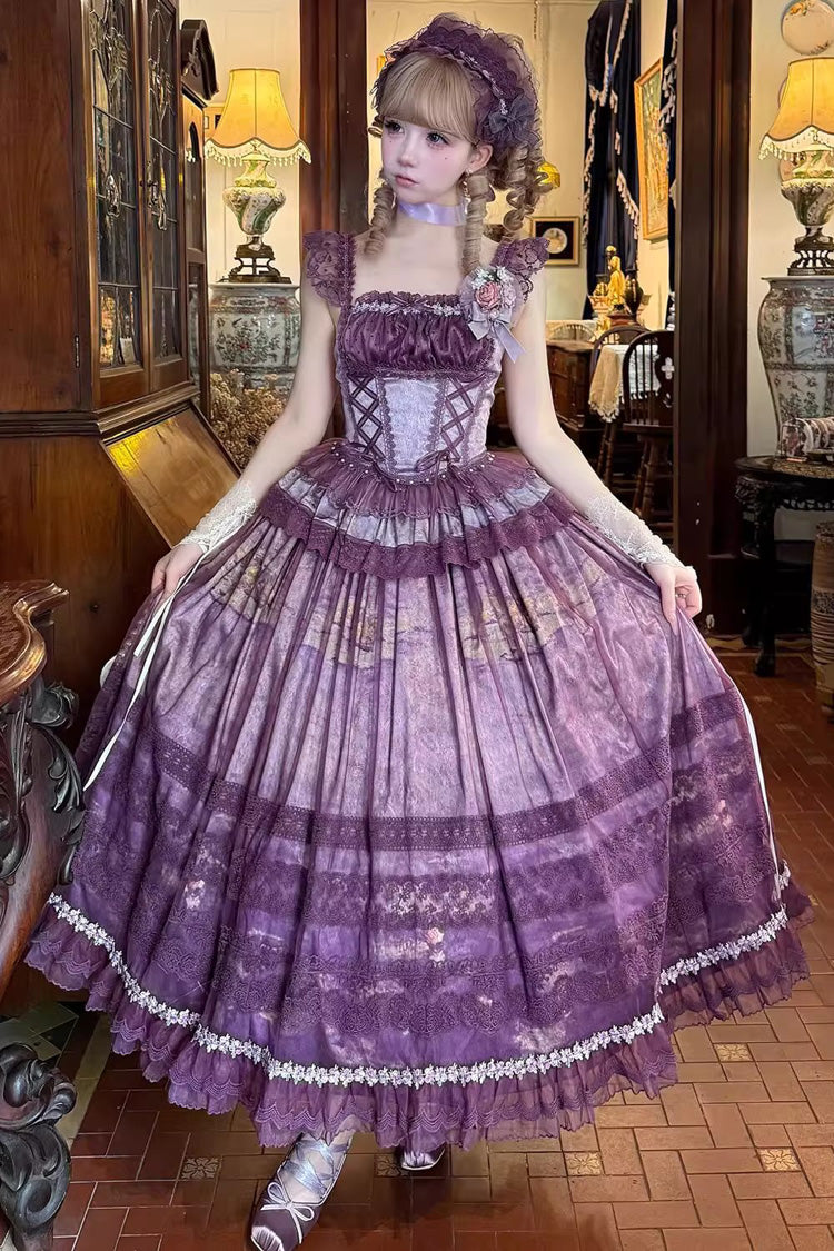 Purple [Mist-shrouded Vineyard] Sleeveless Ruffle Bowknot Lace-Up Sweet Lolita Jsk Skirt Dress Set - Purple - 1