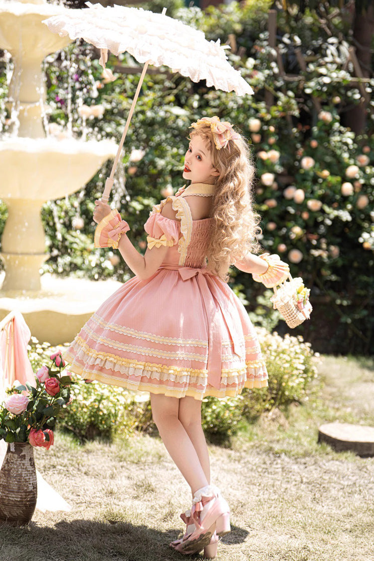Pink Short Sleeves Tulip Print Ruffle Bowknot Sweet Lolita Dress - Product - 8