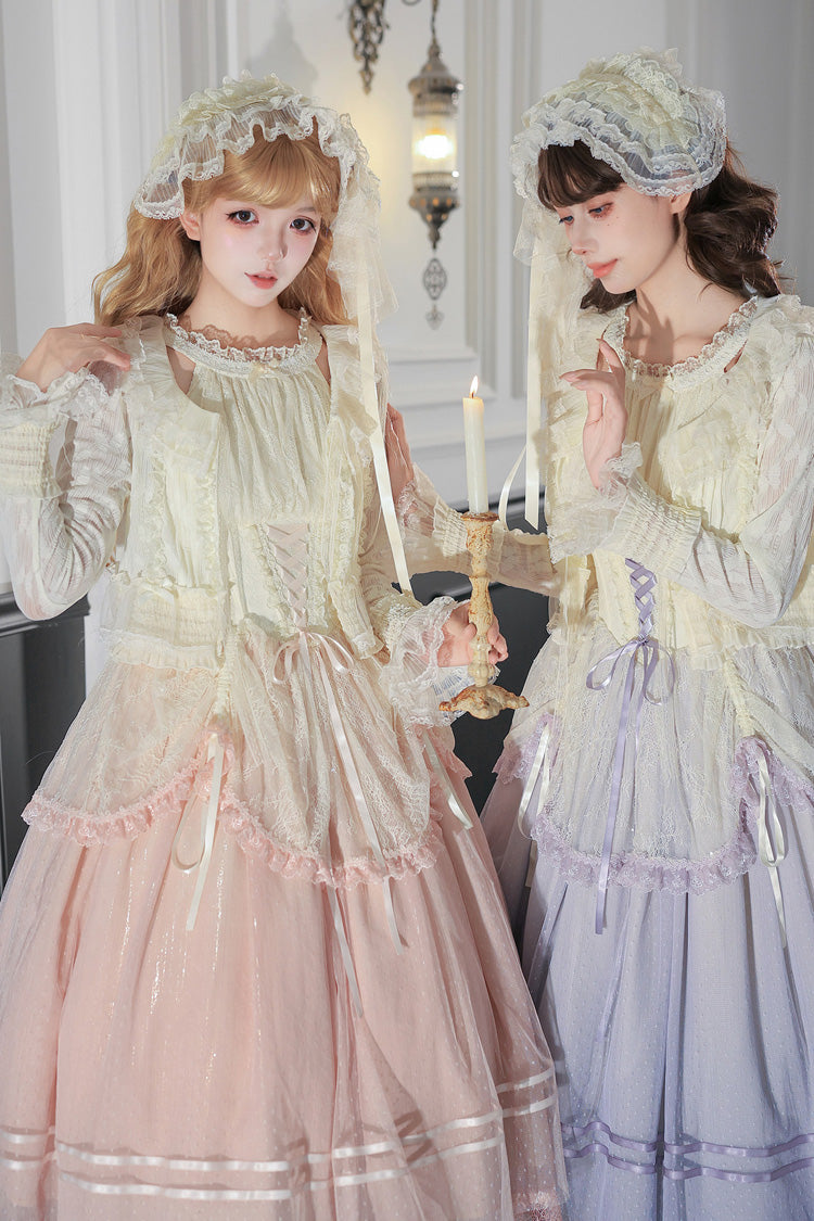 [Tulip Scent] Halterneck Sleeveless Printed Ruffled Lace Lace-Up Fishbone Sweet Lolita Jsk Dress Set (Pink/Purple 2 Colors) - Product - 9