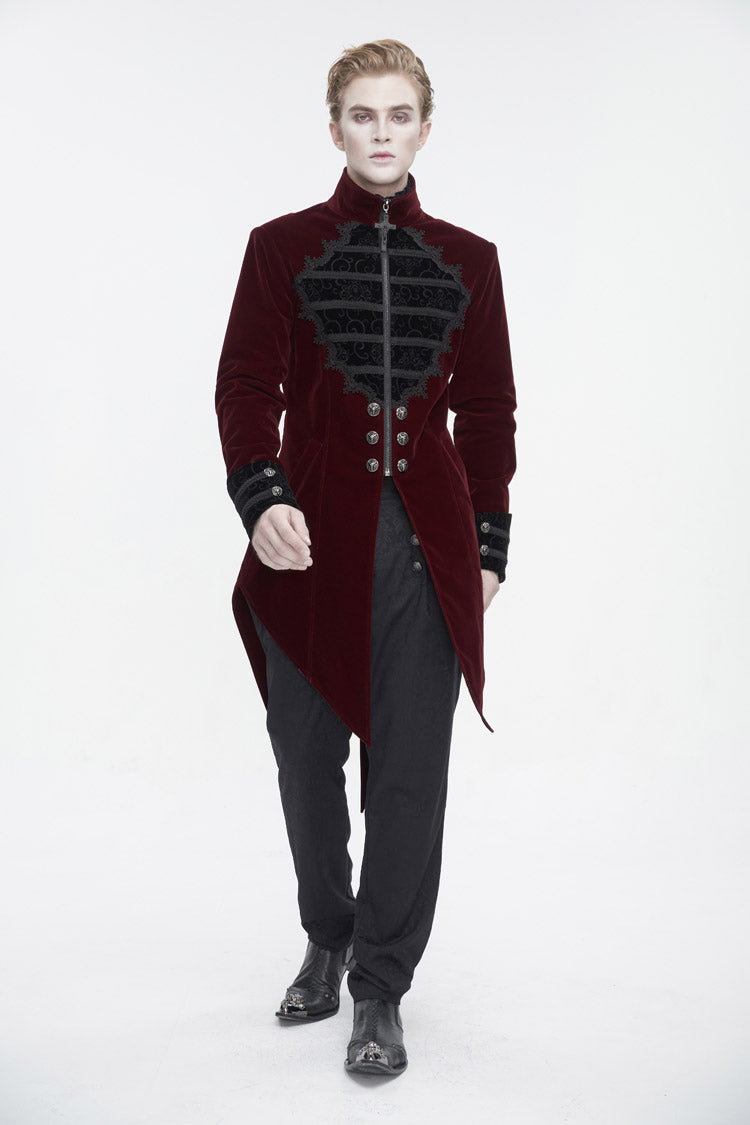 Red Stand Collar Lace Splice Swallow Tailed Men's Gothic Coat - Product - 2