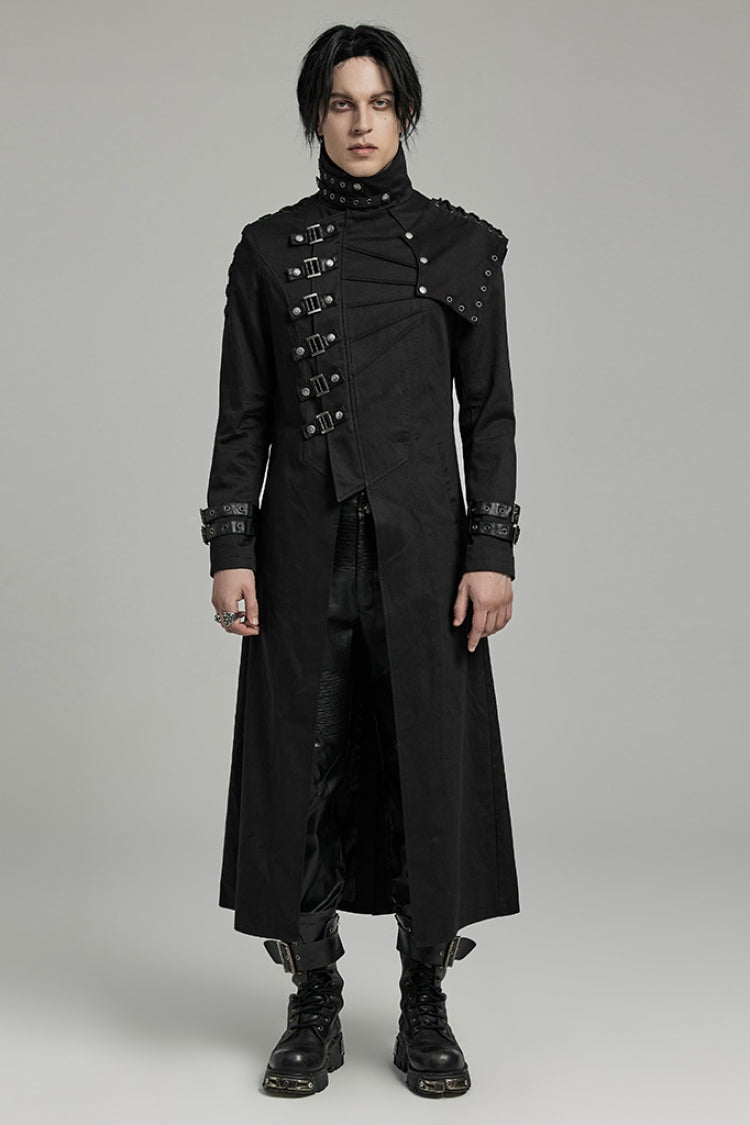 Black Stand Collar Slim Detachable Shoulder Pad Men's Gothic Coat - Black - 1