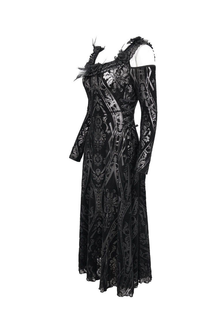 Black Off Shoulder Ruffled Flocked Print Long Women's Gothic Dress - Product - 7