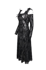 Black Off Shoulder Ruffled Flocked Print Long Women's Gothic Dress - Product - 7