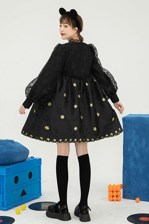Black Square Neck Organza Print Ruffled Lantern Sleeves High Waisted Sweet Lolita OP Dress - Product - 5