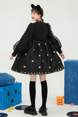 Black Square Neck Organza Print Ruffled Lantern Sleeves High Waisted Sweet Lolita OP Dress - Product - 5