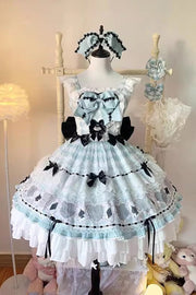 Mintgrüne Bambus-Overtüre, ärmellos, bedruckt, Rüschen, Schleife, Spitze, süß (Kleid einzeln), Vorderansicht